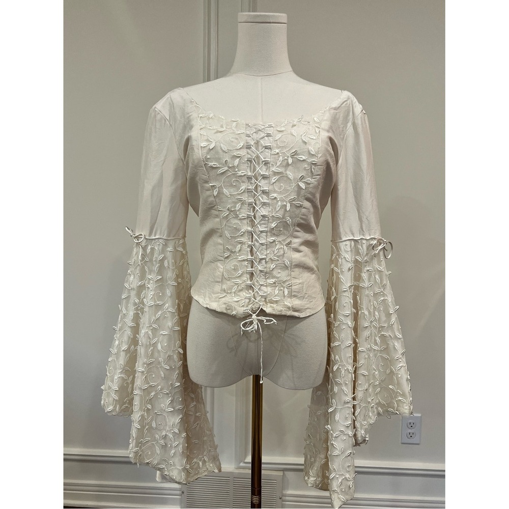 Vintage Ivory Corset Lace Up Embroidered Angel Bell Sleeve Renaissance Top S